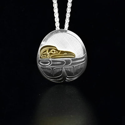 Sterling Silver and 14K Gold Oval Raven Pendant