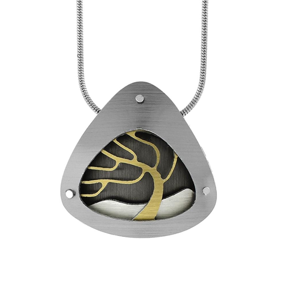 This gorgeous tree pendant necklace is made from brushed aluminum, anodized aluminum and stainless steel. The pendant is teardrop shaped and has many layers to it. There is a tree depicted in the pendant and is yellow because it is anodized.