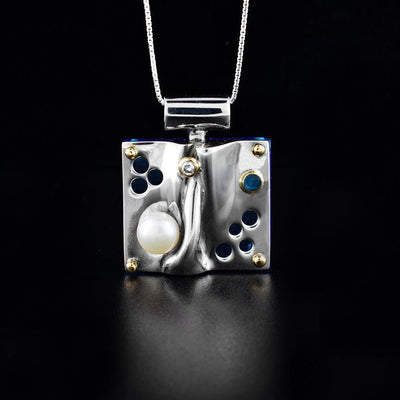 14K Gold and Silver Bezel Set Diamond Pearl Plexi Pendant