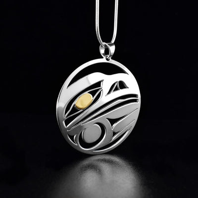 Sterling Silver and 18K Gold Round Raven Pendant