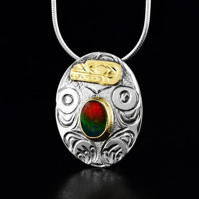 14K Gold and Sterling Silver Bear Pendant with Canadian Ammolite
