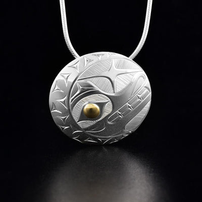 Sterling Silver and 14K Gold Round Wolf and Moon Pendant