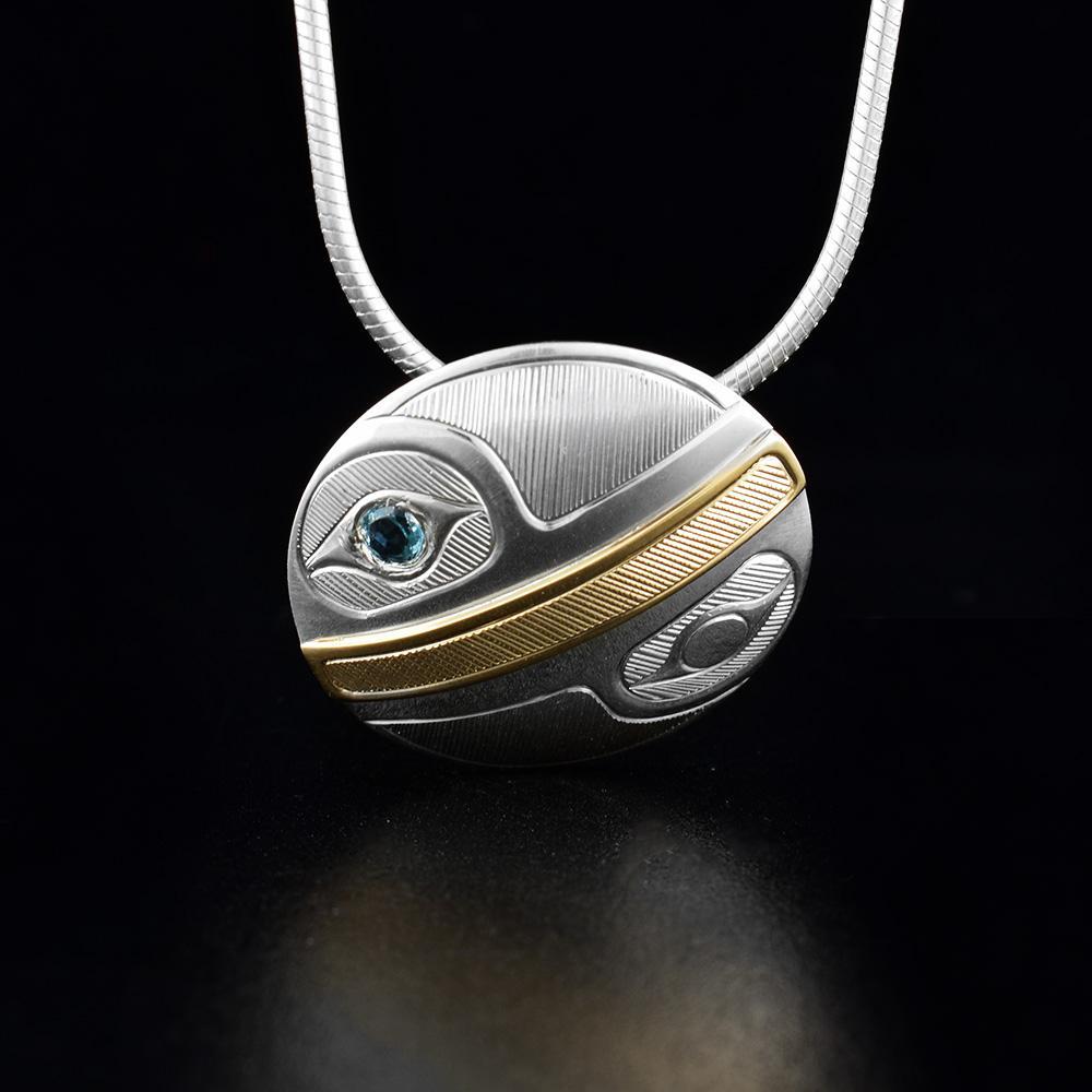 14K Gold and Sterling Silver Round Hummingbird Pendant