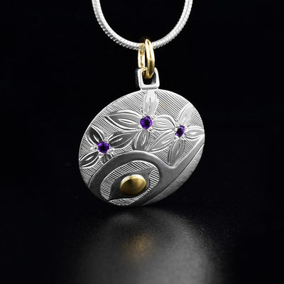 Sterling Silver and 14K Gold Hummingbird Pendant with Three Amethysts