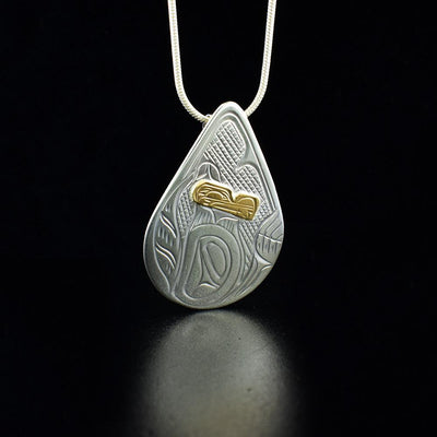14K Gold and Sterling Silver Teardrop Wolf Pendant