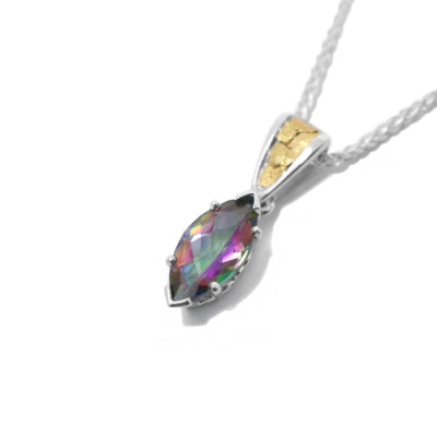 This topaz pendant is marquise-cut and has the colours pink, yellow, green, blue, red, and purple. The topaz is held in place by a sterling silver claw setting. The attached bail has 22k yellow gold nuggets on the front.