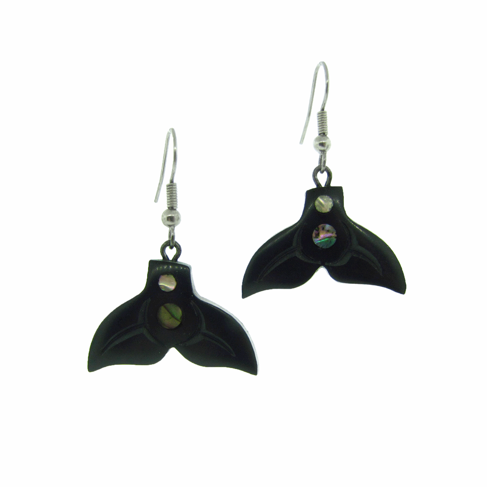 These dangling whale tail earrings have hangs shaped like a whales tail made from abalone and abalone gems embedded in the center of the hangs.