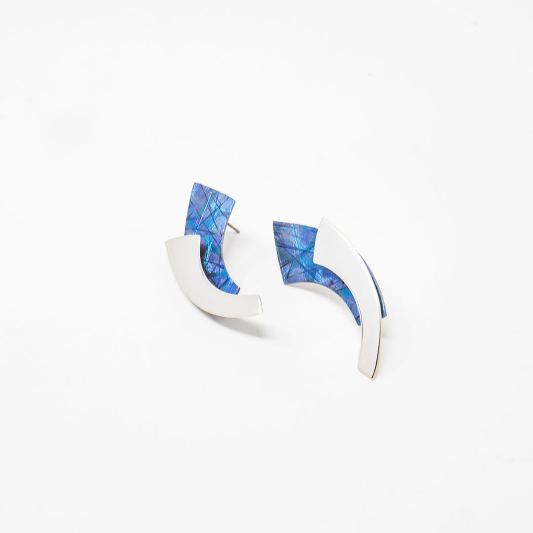 Abstract Blue Titanium and Sterling Silver Earrings