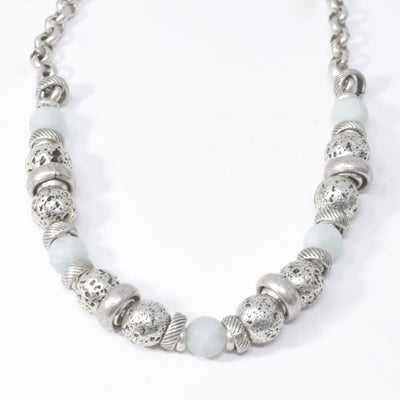 Antique Silver Matte Aquamarine Necklace handcrafted by artist Karley Smith. Made of antique silver and matte aquamarine. Necklace is 18" long.