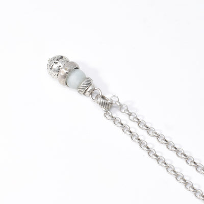 Antique Silver Matte Aquamarine Pendant Necklace handcrafted by artist Karley Smith. Pendant made of antique silver, matte aquamarine and sterling silver. Antique silver rolo chain included. Pendant measures 1.35" x 0.50" including bail and chain is 18" long.