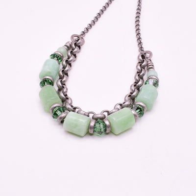 Burma Jade and Swarovski Crystal Necklace handcrafted by artist Karley Smith. Made of antique silver, Swarovski Crystal and burma jade. Necklace is 18.25" long.
