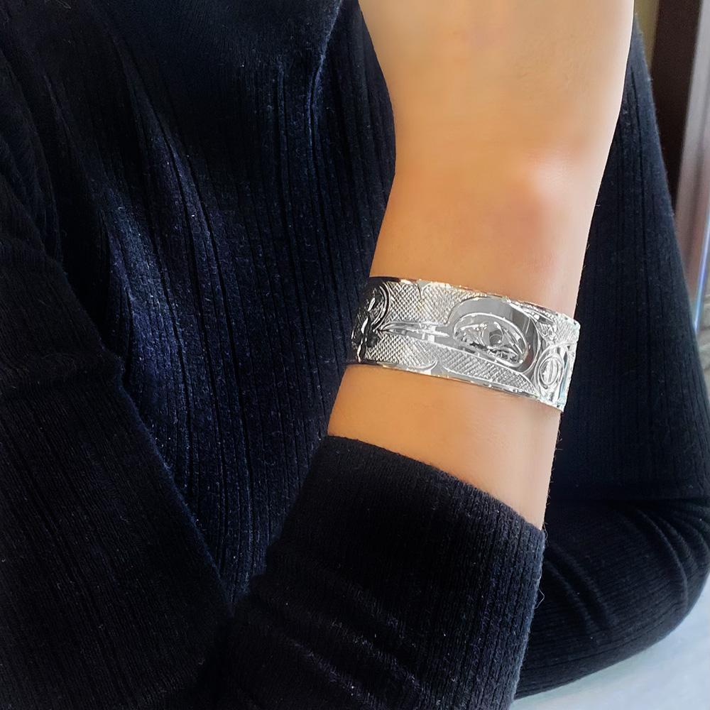 Arm view of Sterling Silver 1" Hummingbird and Flower Cuff Bracelet
