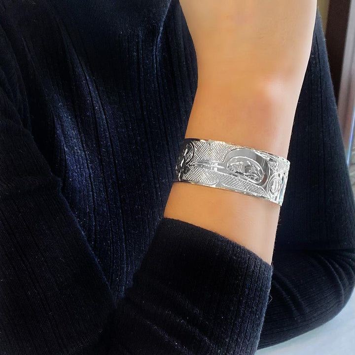 Arm view of Sterling Silver 1" Hummingbird and Flower Cuff Bracelet
