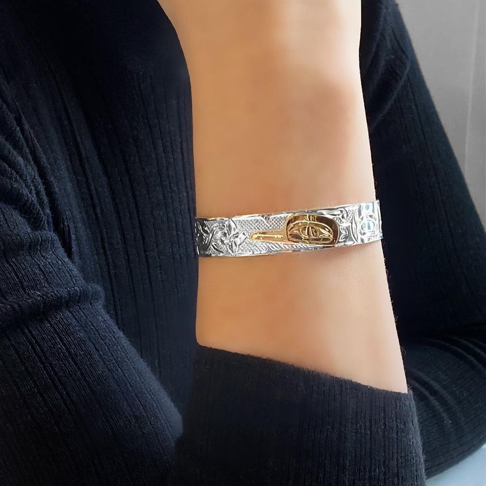 14K Gold and Sterling Silver 1/2" Hummingbird Cuff Bracelet