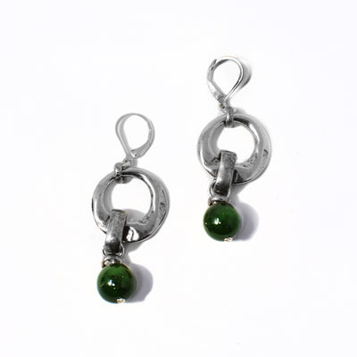 Lever back earrings handcrafted by artist Karley Smith. Made of sterling silver, antique silver and BC jade. Each earring measures 2.25" x 0.75" including hook.