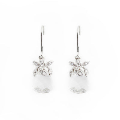 Elegant lever back earrings handcrafted by artist Debra Nelson. Made of sterling silver, clear Swarovski Crystal and cubic zirconia. Each earring measures 1.25" x 0.38" including hook.