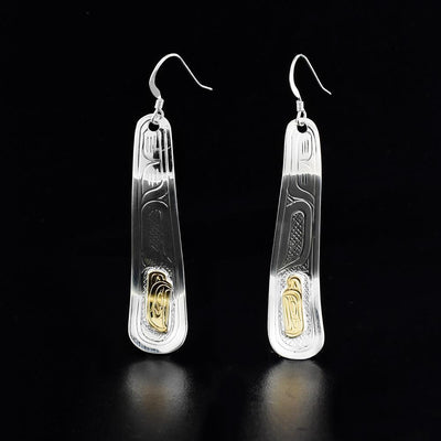 Sterling Silver and 14K Gold Long Wave Raven Earrings