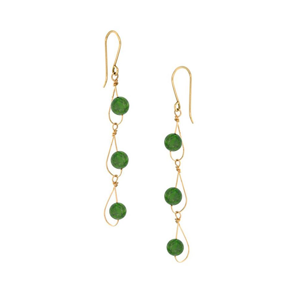 These jade earrings have 14K gold fill teardrop shaped chain links dangling form the hooks. There are three jade beads featured on each earring.