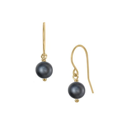 Gold Fill Black Pearl Lantern Earrings handcrafted by artist Pamela Lauz. Made of 14K gold-filled wire and genuine black freshwater pearls. Each earring measures 1.0" (2.5cm) x 0.4" (1cm) including hook.