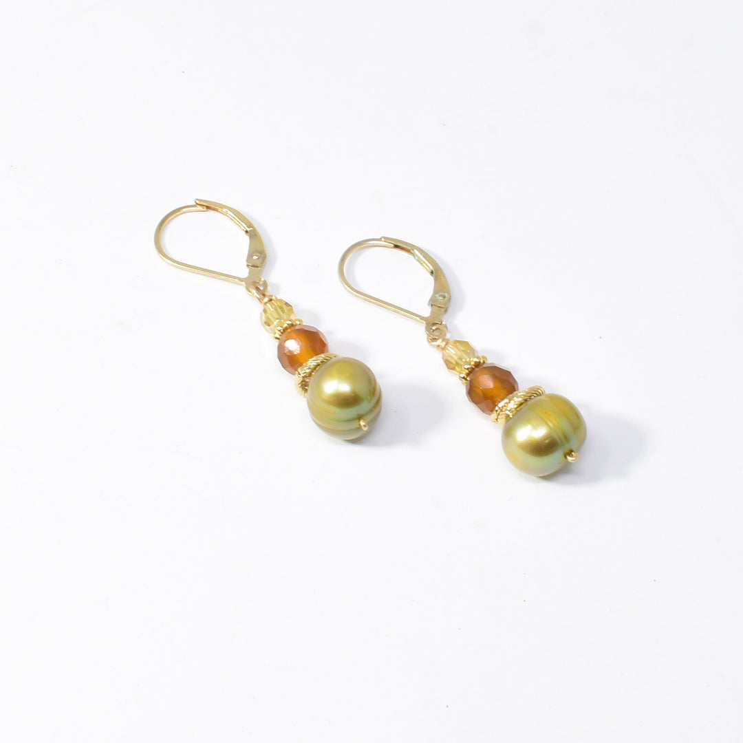 Gold Fill Carnelian Pearl Earrings hand crafted by artist Karley Smith.