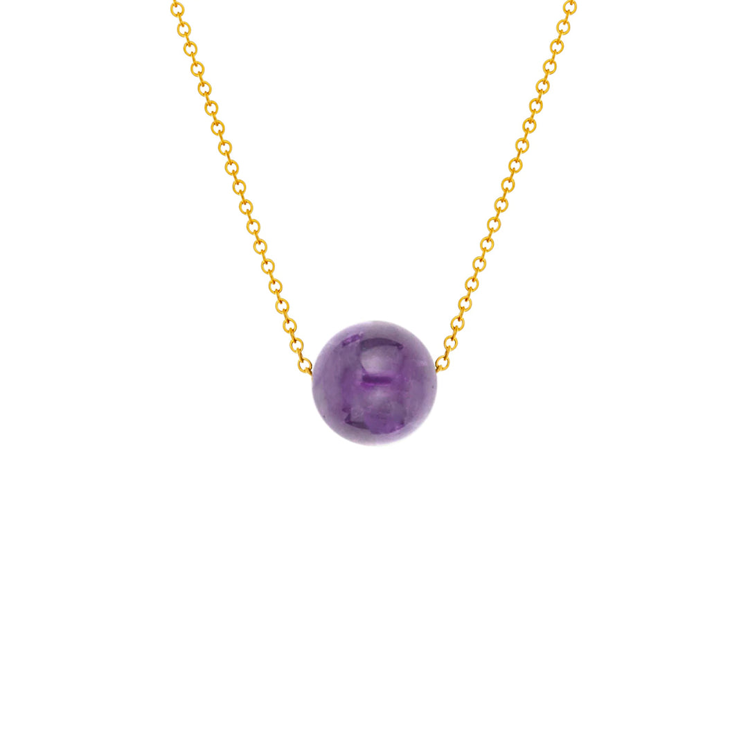 This amethyst necklace is made from 14K gold fill and a polished amethyst sphere. The dainty chain runs through the bead and there are gorgeous colours displayed on the bead.