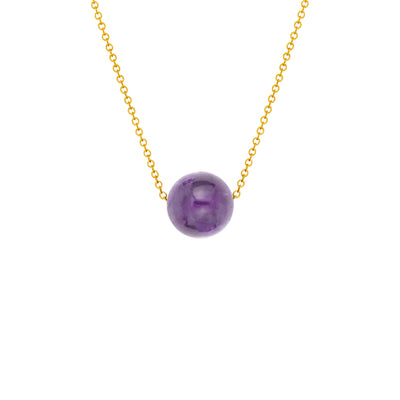 Gold Fill Element Amethyst Slide Necklace by artist Pamela Lauz. She has used a round amethyst bead and a 14K gold-filled chain to create this delicate minimalist piece. The bead is 0.39" in diameter and the adjustable chain can be 16" or 18" long.