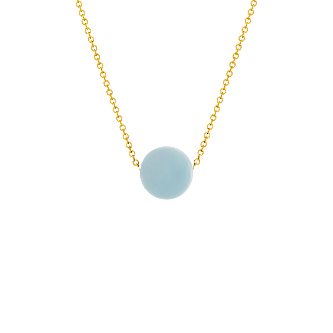Gold Fill Element Aquamarine Slide Necklace by artist Pamela Lauz. She has used a round aquamarine bead and a 14K gold-filled chain to create this delicate minimalist piece. The bead is 0.39" in diameter and the adjustable chain can be 16" or 18" long.