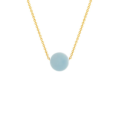 Gold Fill Element Aquamarine Slide Necklace by artist Pamela Lauz. She has used a round aquamarine bead and a 14K gold-filled chain to create this delicate minimalist piece. The bead is 0.39" in diameter and the adjustable chain can be 16" or 18" long.