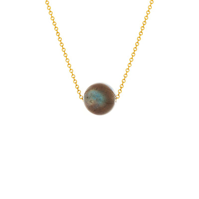 Gold Fill Element Labradorite Slide Necklace by artist Pamela Lauz. She has used a round labradorite bead and a 14K gold-filled chain to create this delicate minimalist piece. Bead is 0.39" in diameter and adjustable chain can be 16" or 18" long.