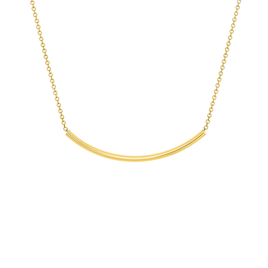 This 14K gold fill chain necklace has a simple, dainty chain with a curved, bar pendant. The pendant is slightly curved and gives a minimalist representation of a smile.