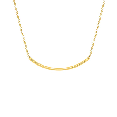 Gold Fill Element Minimalist Arc Necklace by artist Pamela Lauz. Both the chain and the arc are 14K gold-filled. The arc has an approximate width of 0.08" and a curved length of 1.57". The adjustable chain can be 16" or 18" long.