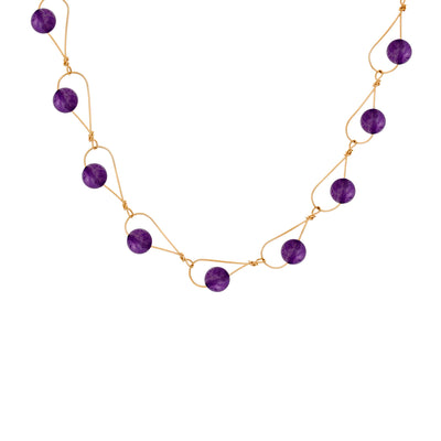Gold Fill Rain Amethyst Necklace handcrafted by artist Pamela Lauz. Features round amethyst beads on handwoven 14K gold-filled links. Necklace is fully adjustable with maximum length of 20".