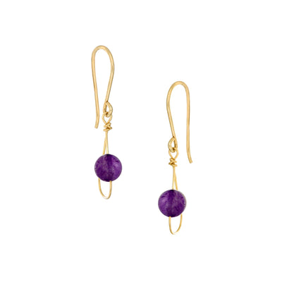 Gold Fill Rain Amethyst Single Earrings handcrafted by artist Pamela Lauz. Made of 14K gold-filled wire and amethyst. Each earring measures 1.13" x 0.38" including hook.