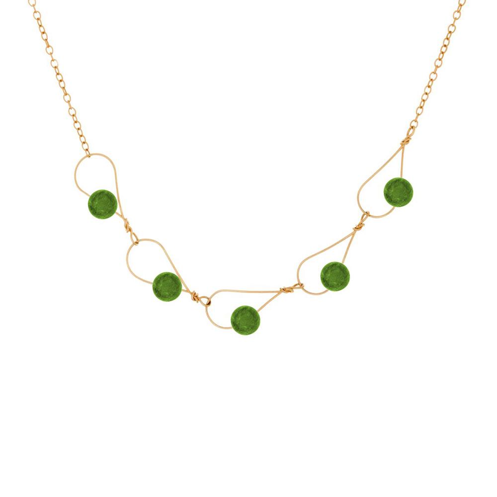 This jade necklace has a 14K gold filled chain and large teardrop shaped chain links at the bottom part of the necklace. There are brilliant, BC jade beads featured on the large chain links.