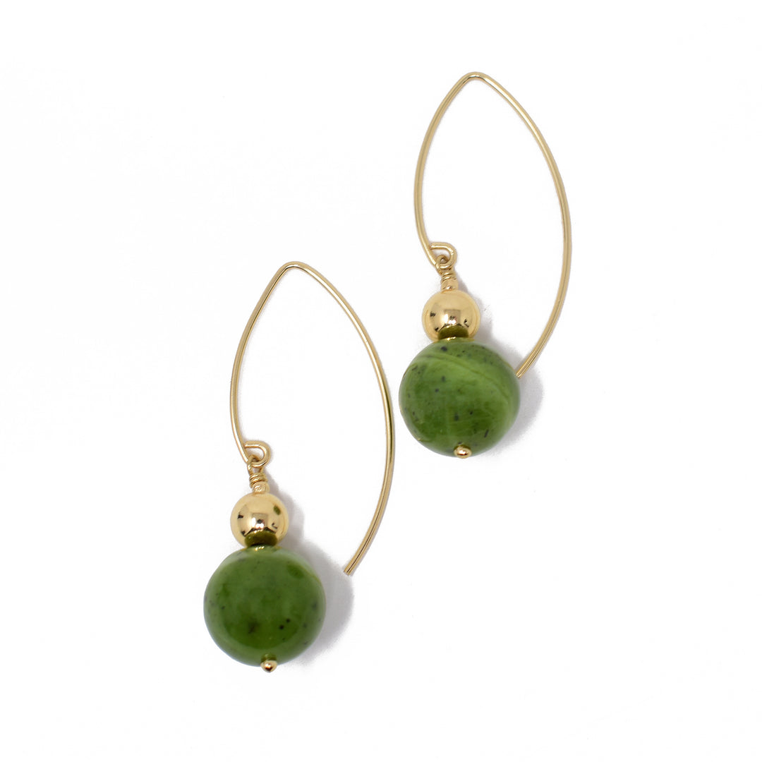 Large round BC jade beads bellow smaller round gold fill beads on gold fill hooks. 1.75" long, 0.5" wide. By Debra Nelson.