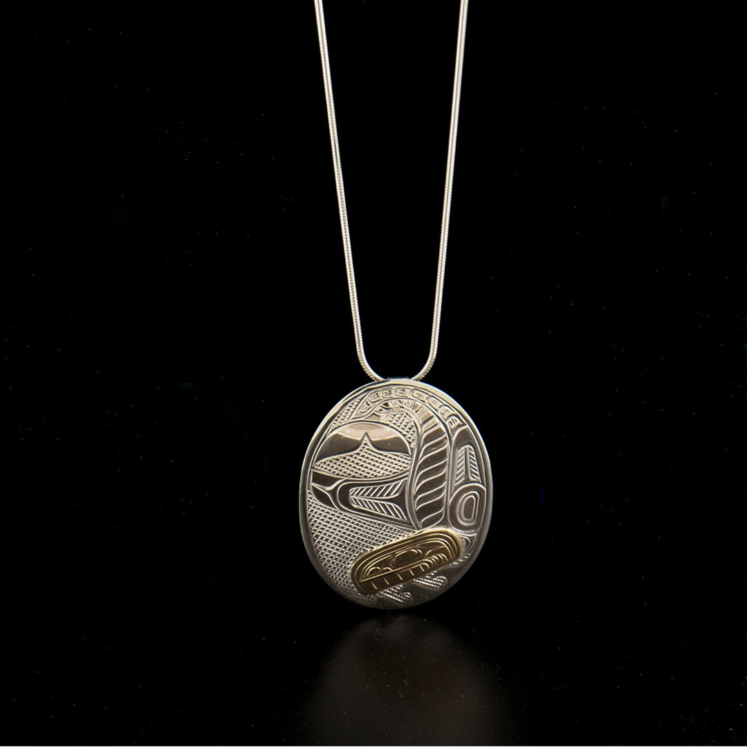 Sterling silver and 14K gold large oval orca pendant