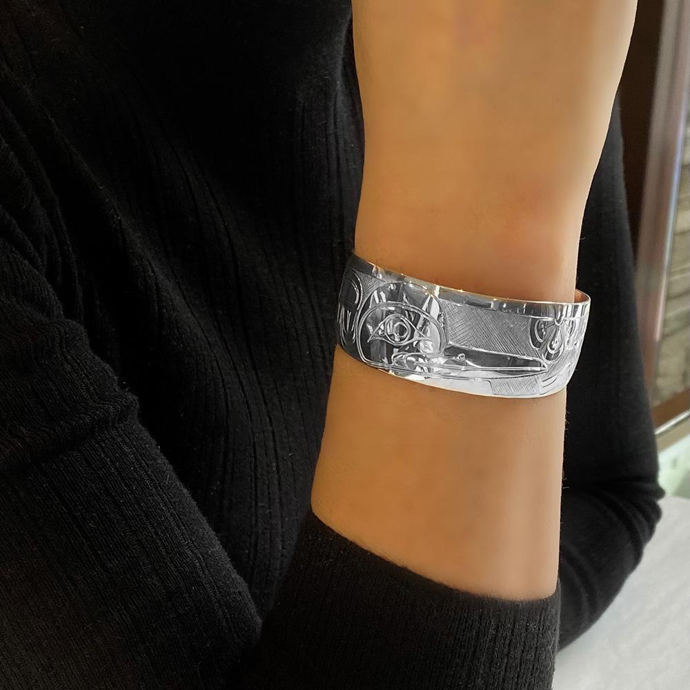 Silver Hummingbird and Flower Bracelet