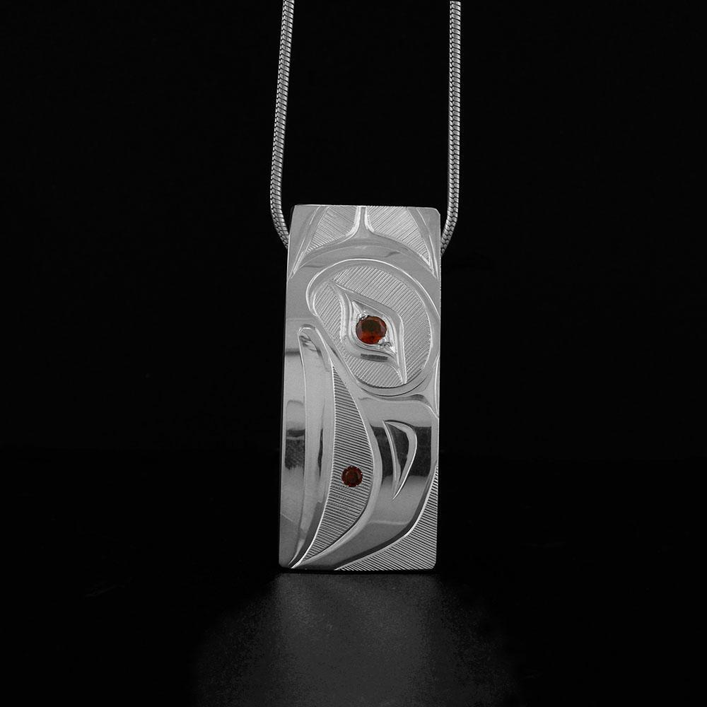 Silver Rectangular Raven with Garnets Pendant