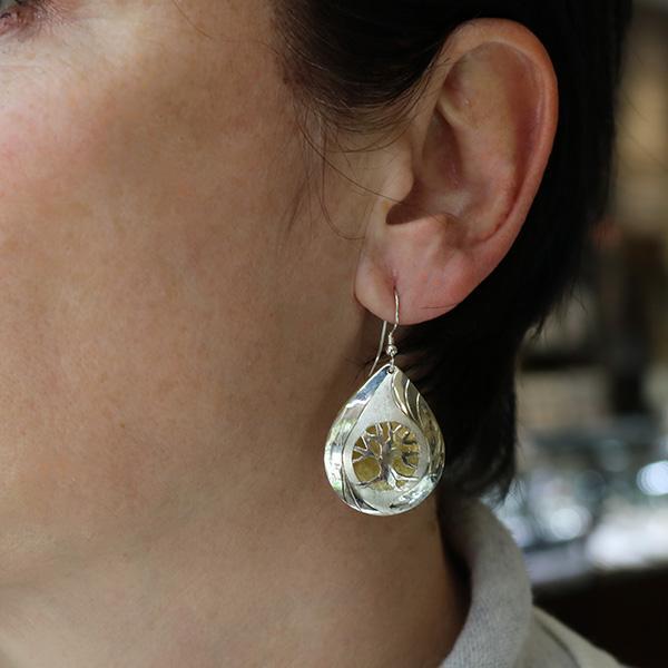 Sterling Silver and Brass Teardrop Tree of Life Earrings