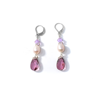 Long Pink Crystal and Pearl Earrings