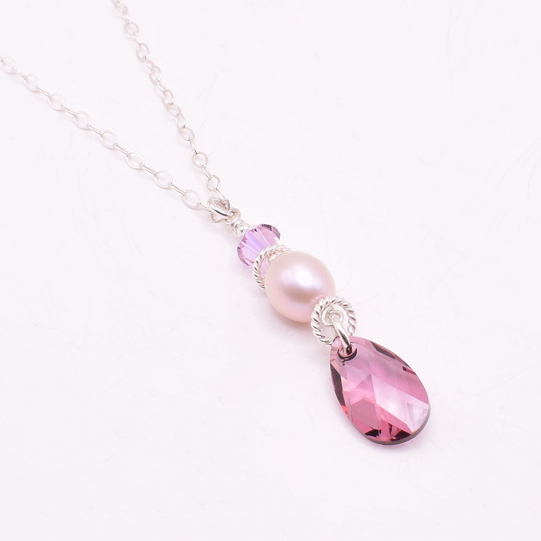Long Pink Crystal and Pearl Pendant Necklace
