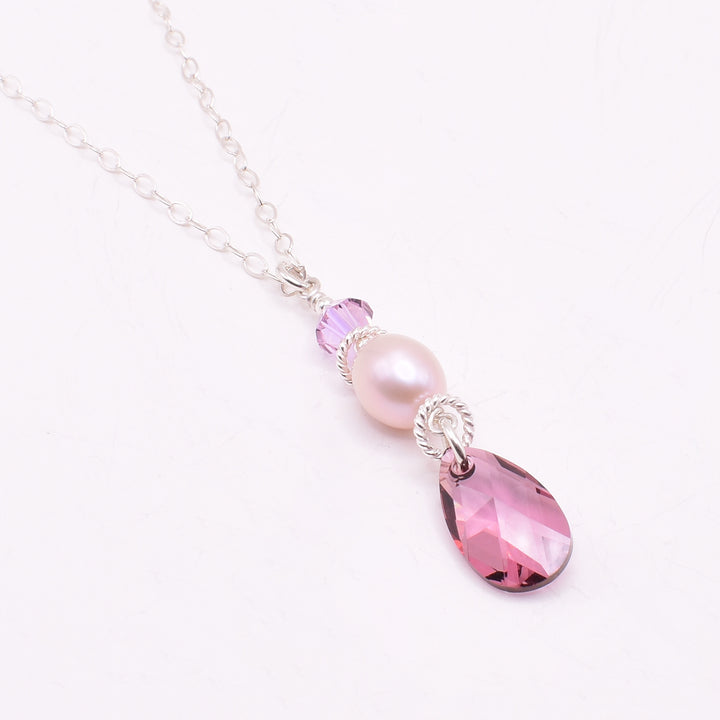 Long Pink Crystal and Pearl Pendant Necklace
