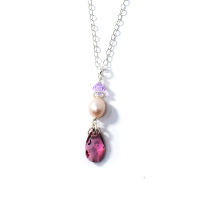 Long Pink Crystal and Pearl Pendant Necklace