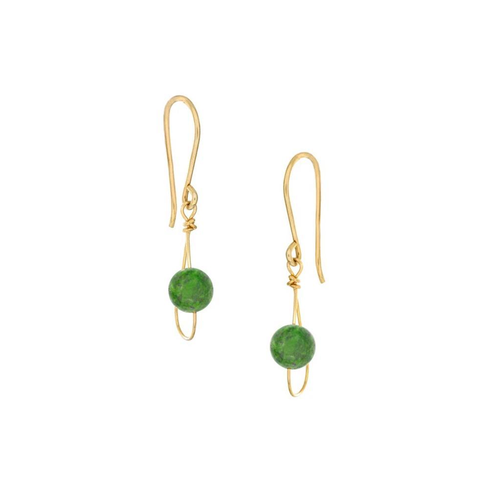 These jade drop earrings are made from BC jade and 14K gold fill. The earrings have BC jade sphere dangles with gold fill wires, that are curved into a tear drop shape, attaching them to the hooks.