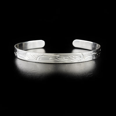 This image shows the Raven bracelet head-on with the head of the Raven in the center, facing the left. To the right and left are designs that show the bird's wings and body.