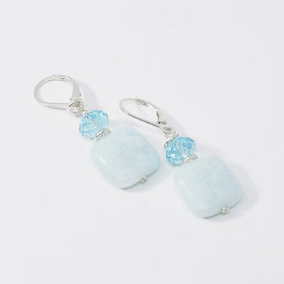 Lever back earrings handcrafted by artist Karley Smith. Made of sterling silver, Swarovski Crystal and amazonite. Each earring measures 1.55" x 0.60" including hook.