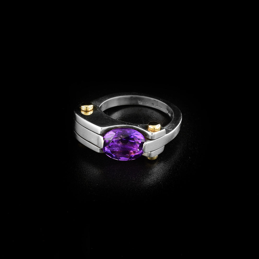 This amethyst statement ring is made from sterling silver, 14k gold, and amethyst gemstone to create this piece. There are multiple thin bands that are attached together with gold studs in the corners of the ring. The amethyst is held, off set in the band.