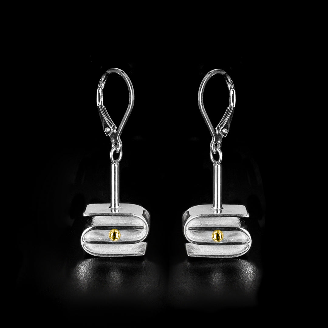 Silver and Gold Equilibrium Drop Earrings handcrafted by artist Lynda Constantine. Made of sterling silver and 14K gold. Each earring measures 1.30" x 0.50" including hook.