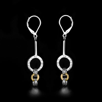 Silver and Gold Kindness Drop Earrings handcrafted by artist Lynda Constantine. Made of sterling silver and 14K gold. Each earring measures 1.80" x 0.50" including hook.