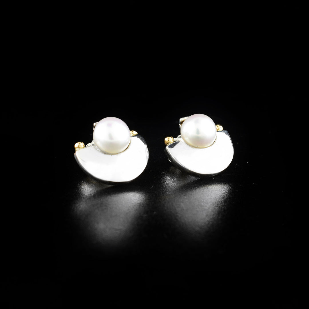 Sterling Silver and 14K Gold Pearl Fan Stud Earrings